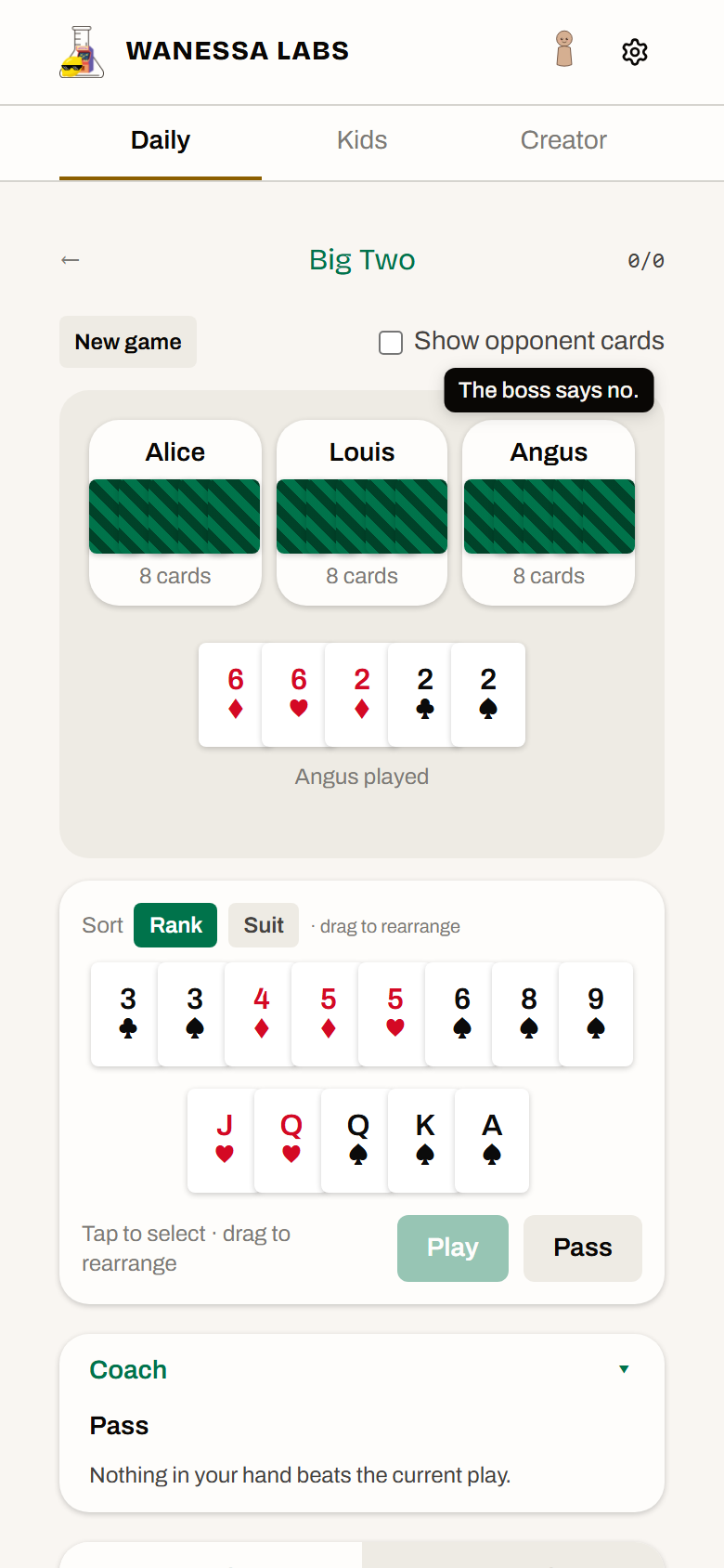 The whole table on a phone: opponents above, your hand and the play or pass call in thumb reach.