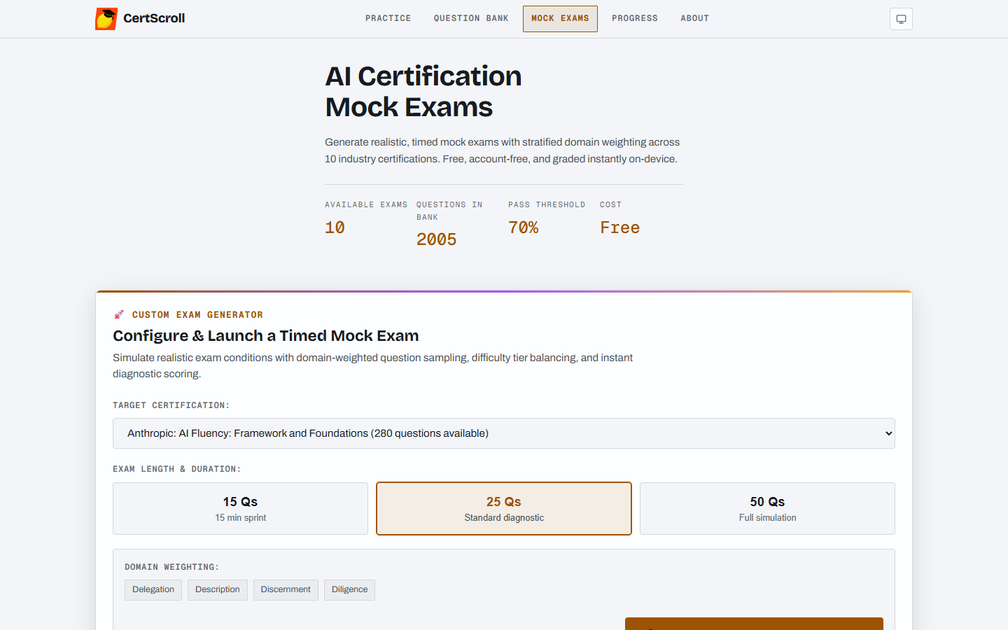 Stratified Mock Exams Hub: domain-weighted custom exam generator with 15/25/50 presets and live exam simulation.