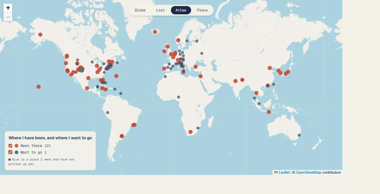 The atlas. Red is written up, blue is been but untold, teal is still to come.