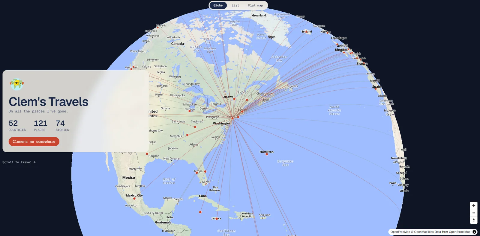 Landing on the globe: 52 countries, 121 places, 74 stories.