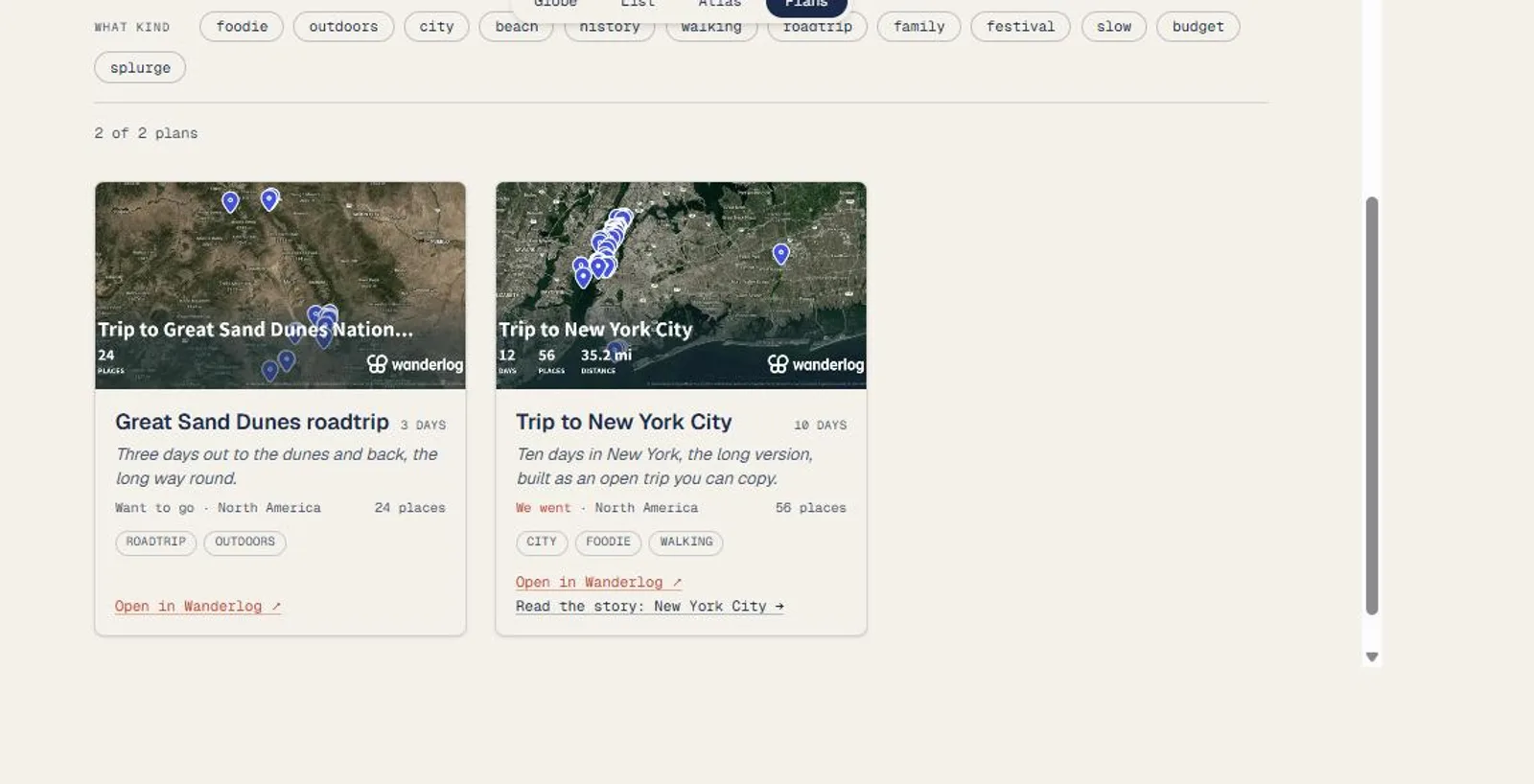 Two plans so far. Filter by whether I went, how long you have, the season, the kind of trip.
