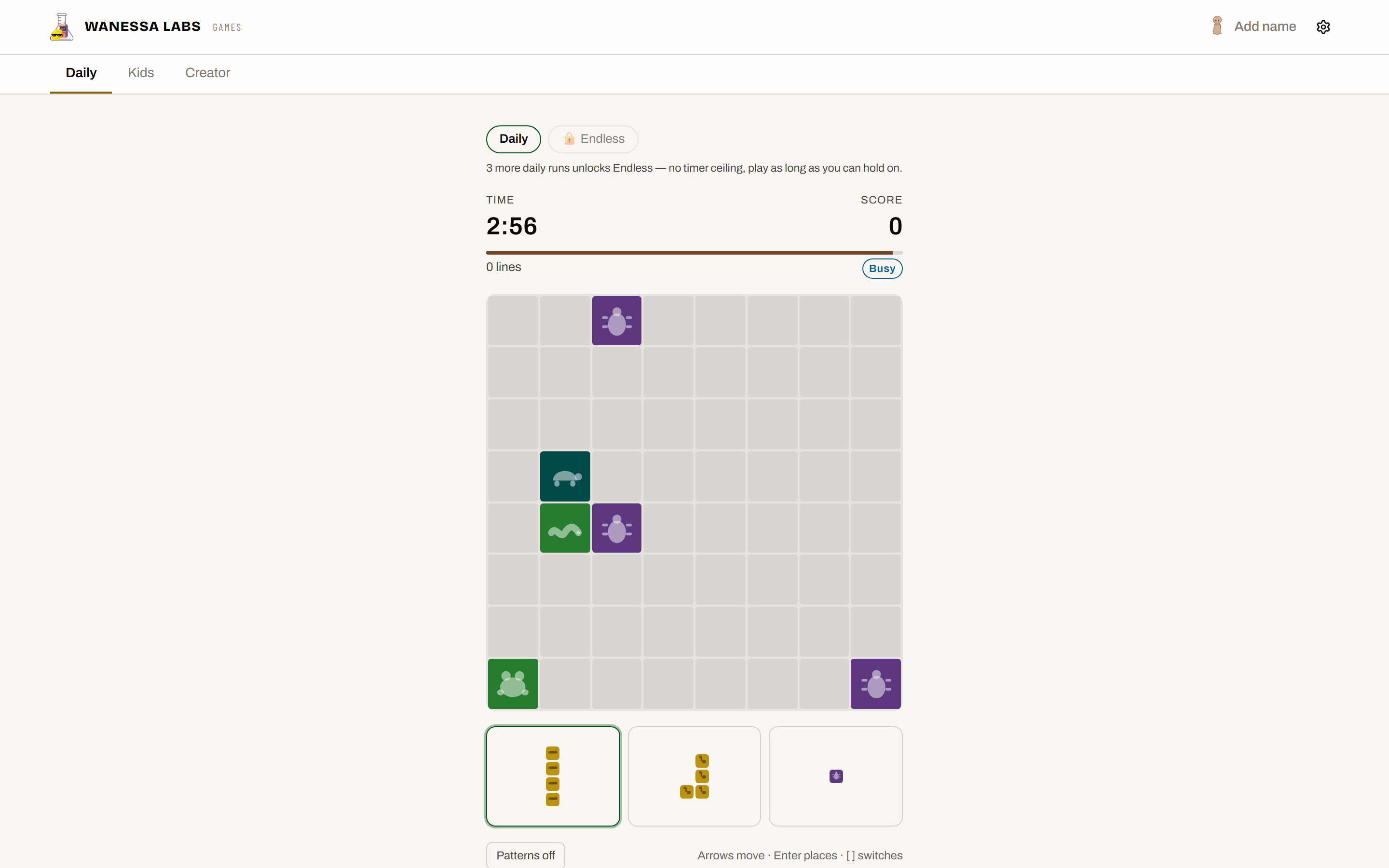 The daily 8x8 board: one timer, one score, and the three blocks you have to place.