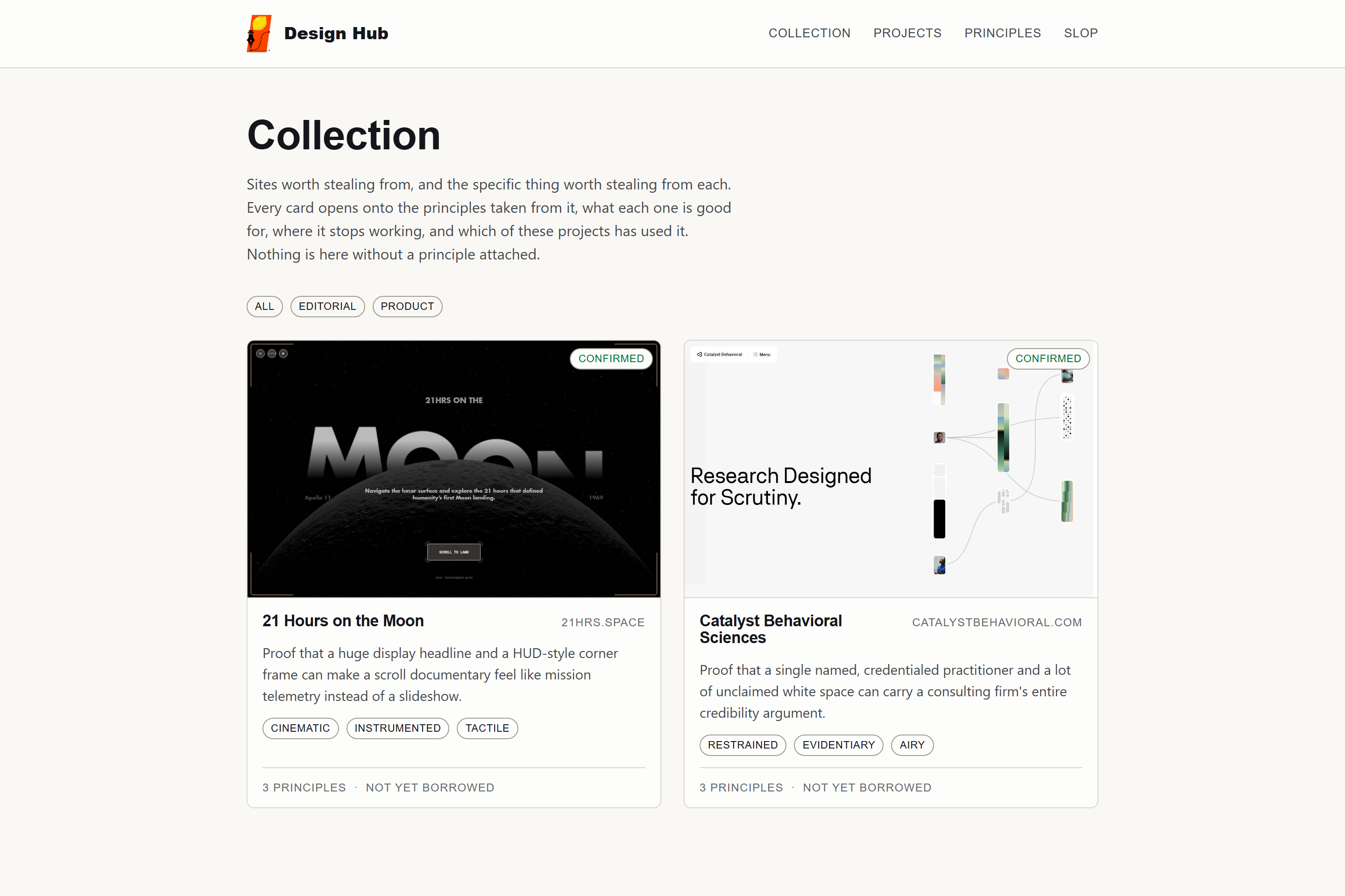 The collection. Each card leads with the capture and closes with the payload: how many principles it carries, and how many projects have used it.