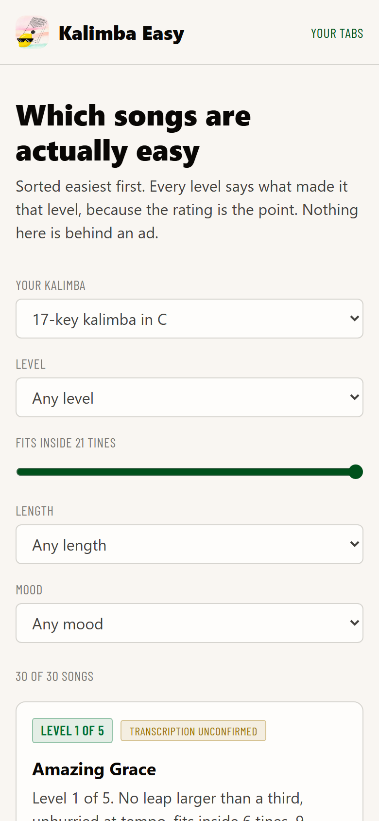 Filter by instrument, level, length and mood before committing to learn something.