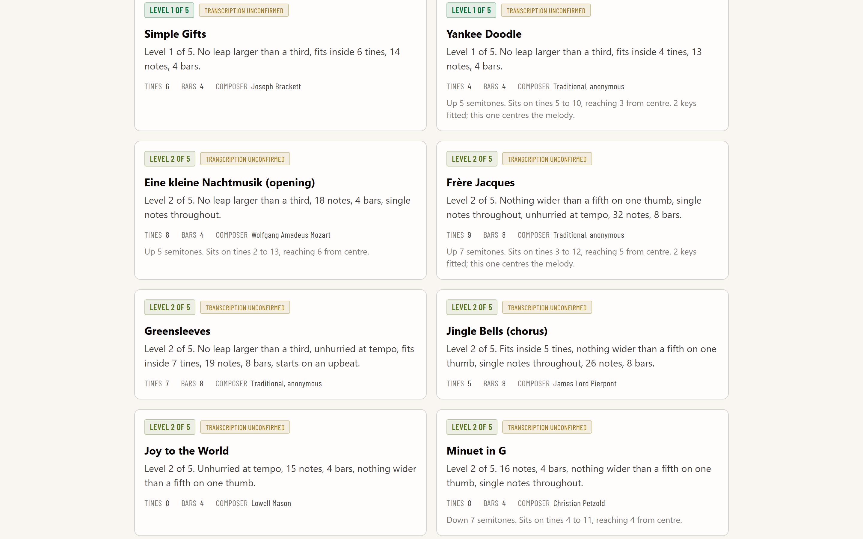 Every song states its level, its tine range, and whether the transcription is verified.