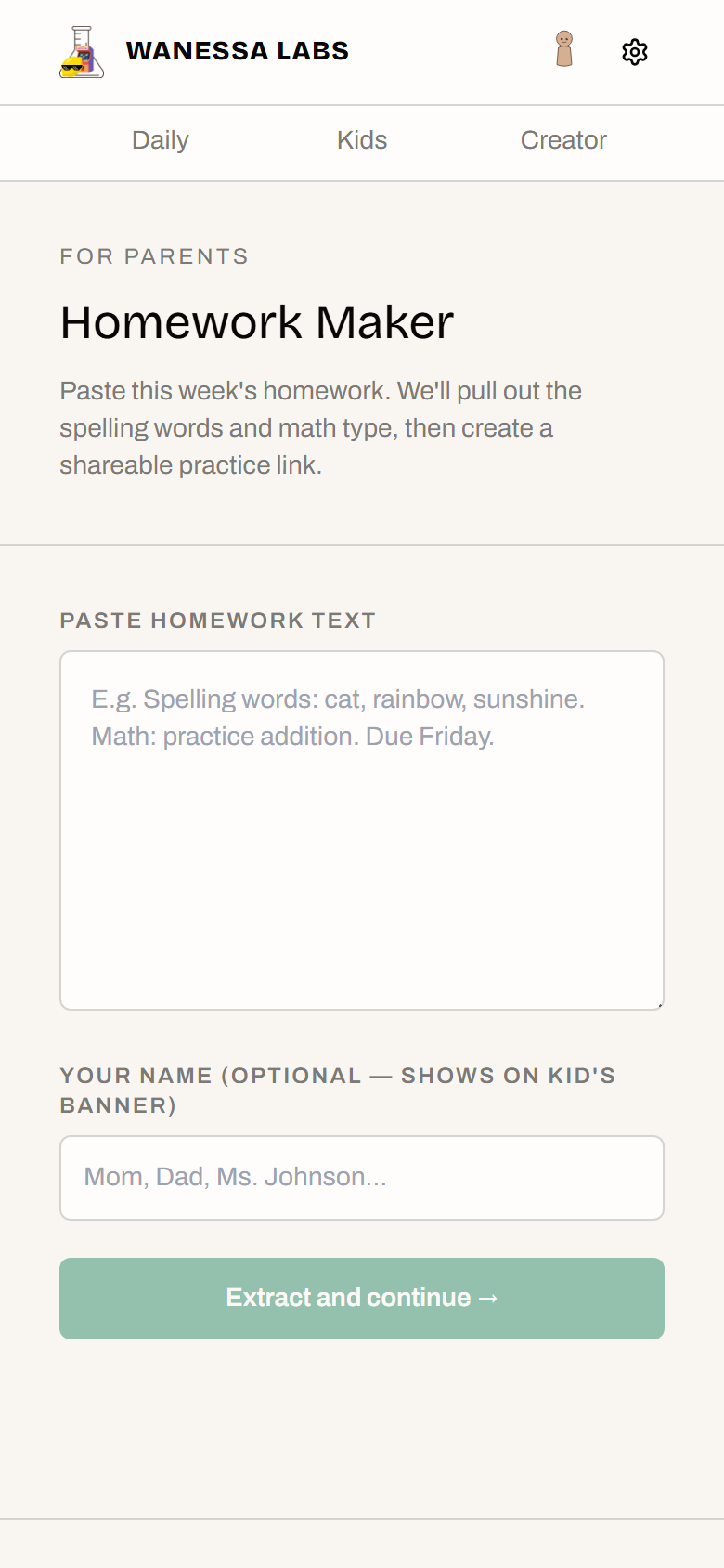 The same form on a phone, which is where a parent actually has the homework in hand.