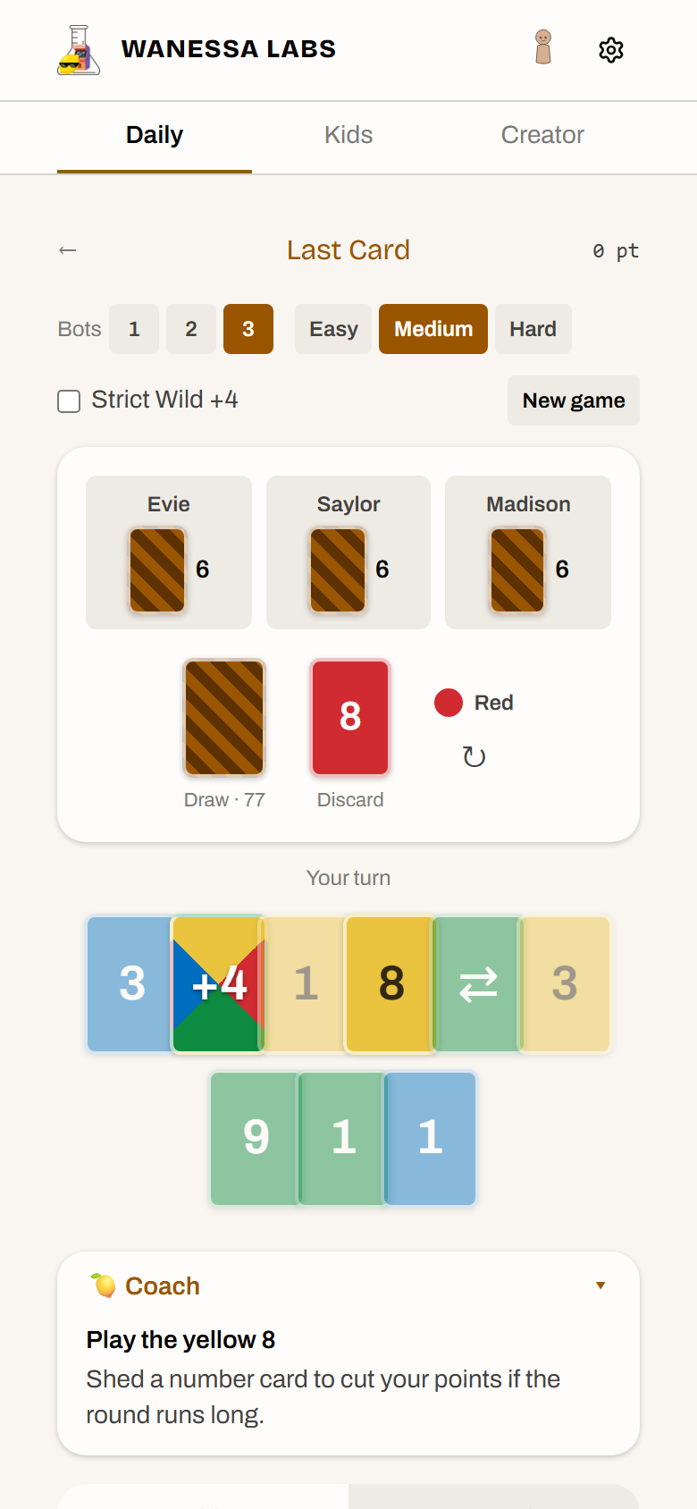 Three opponents and your hand, with the draw and discard piles in reach.