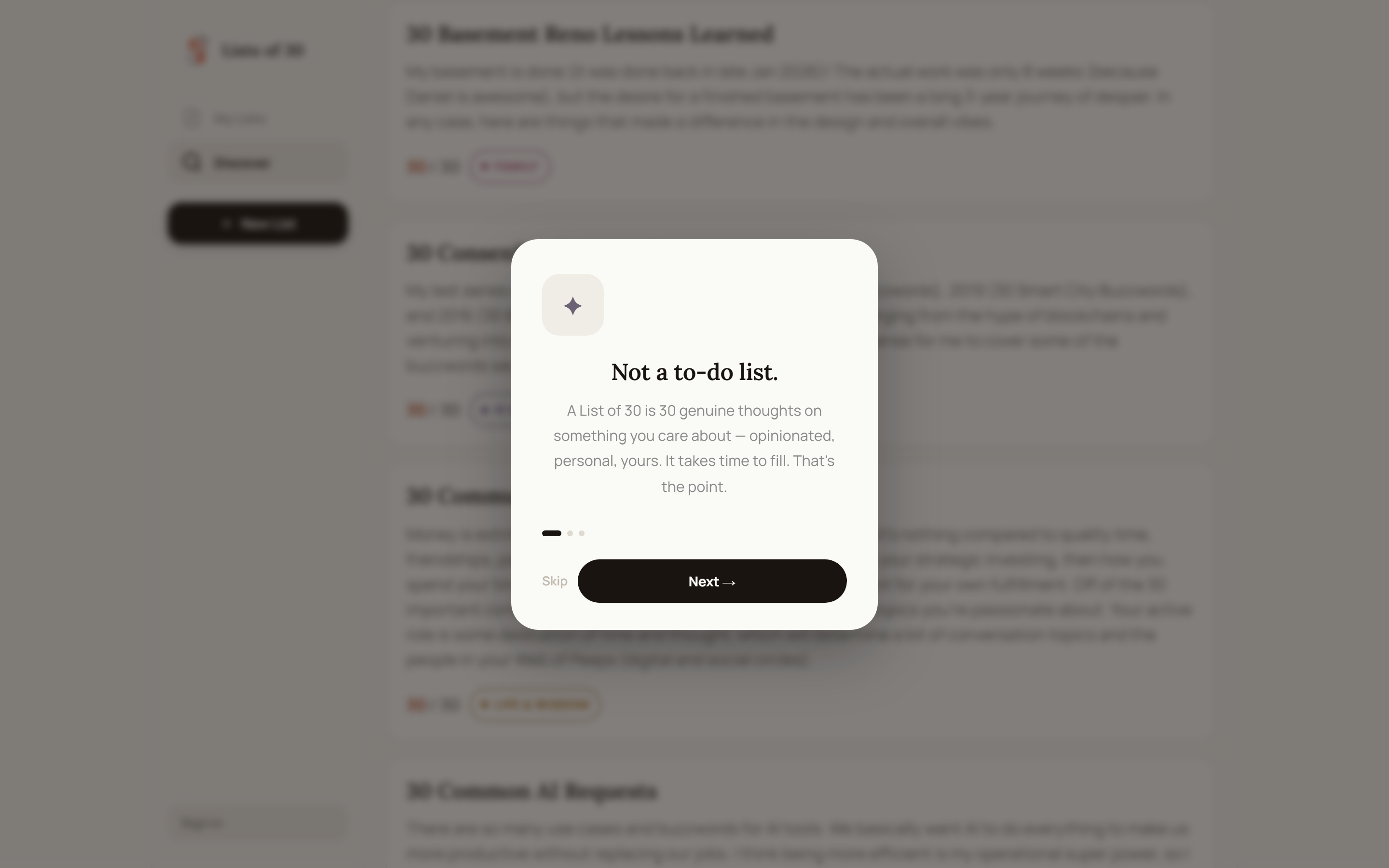 The archive as an app: browse your lists, discover other people, or start your own thirty.