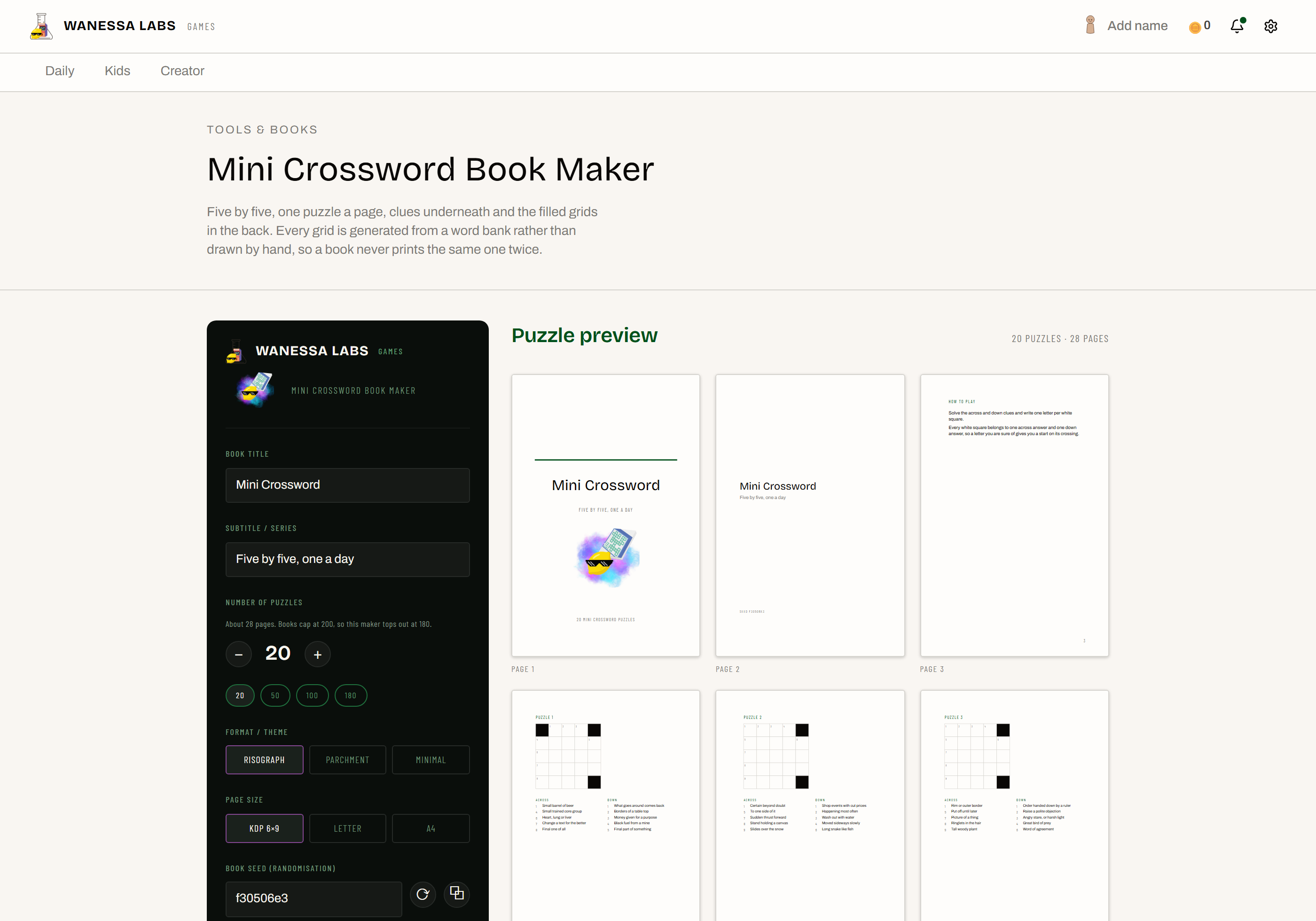 The maker. Twenty puzzles, every page previewed as it will print, exported as a KDP ready PDF.