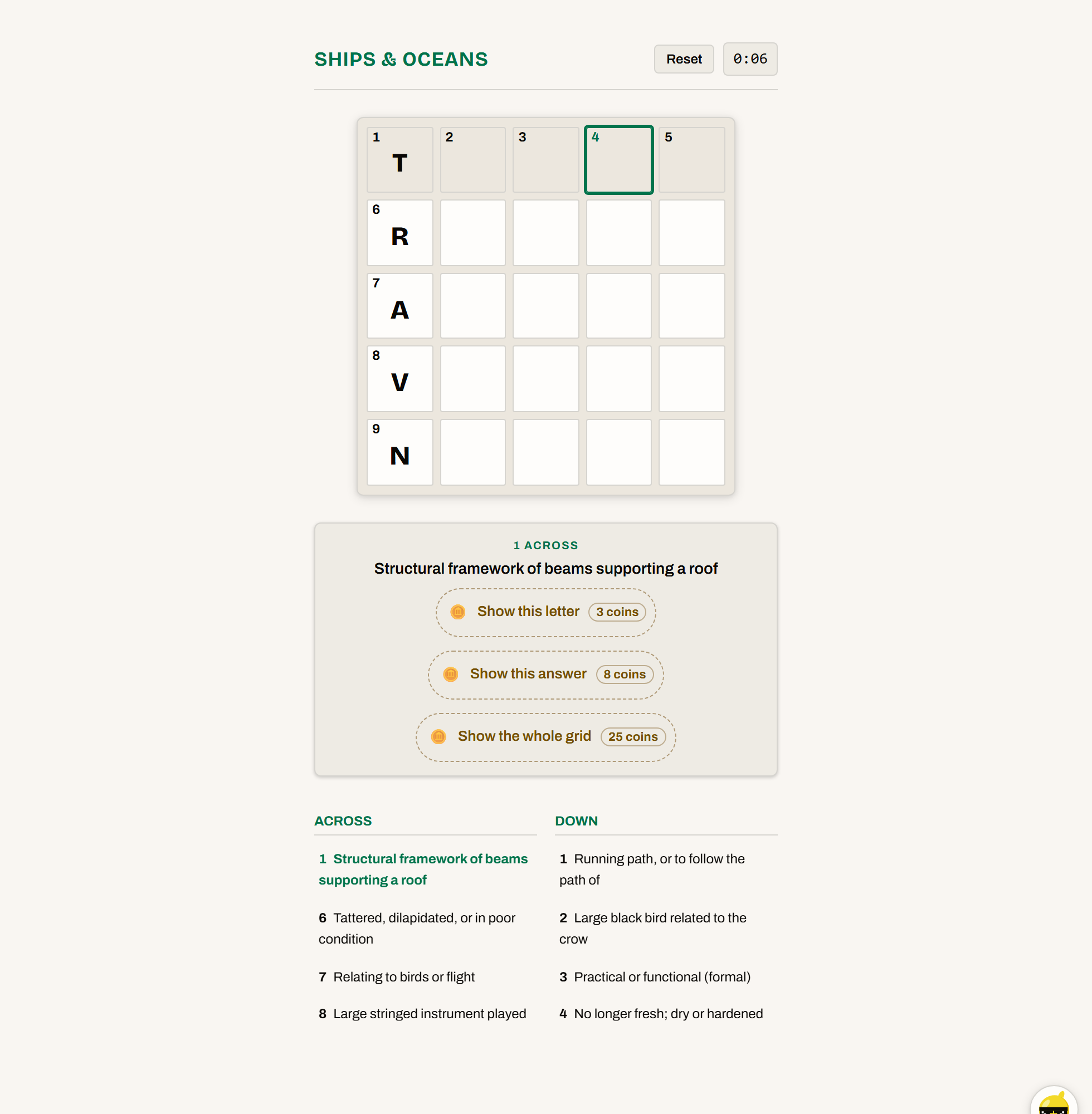The daily grid. Ten hand-written puzzles, every square open, one served per date from an append-only archive.