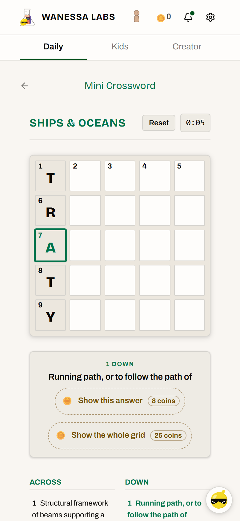 The same puzzle on a phone. Tapping a filled square a second time flips to the down clue and the crossing lights up.