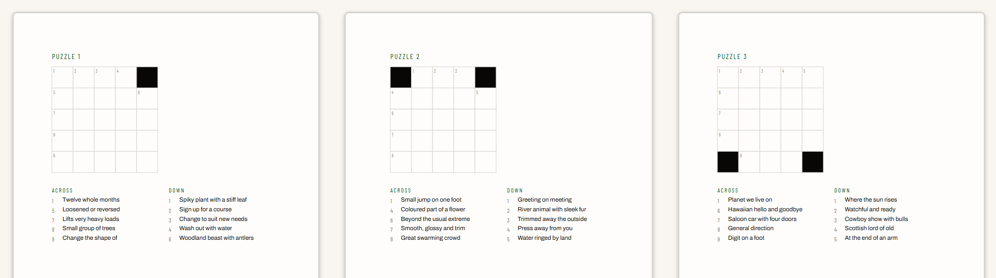 Three grids the book maker produced from one seed. Top right blacked, both top corners blacked, both bottom corners blacked. Same five by five, three different shapes.