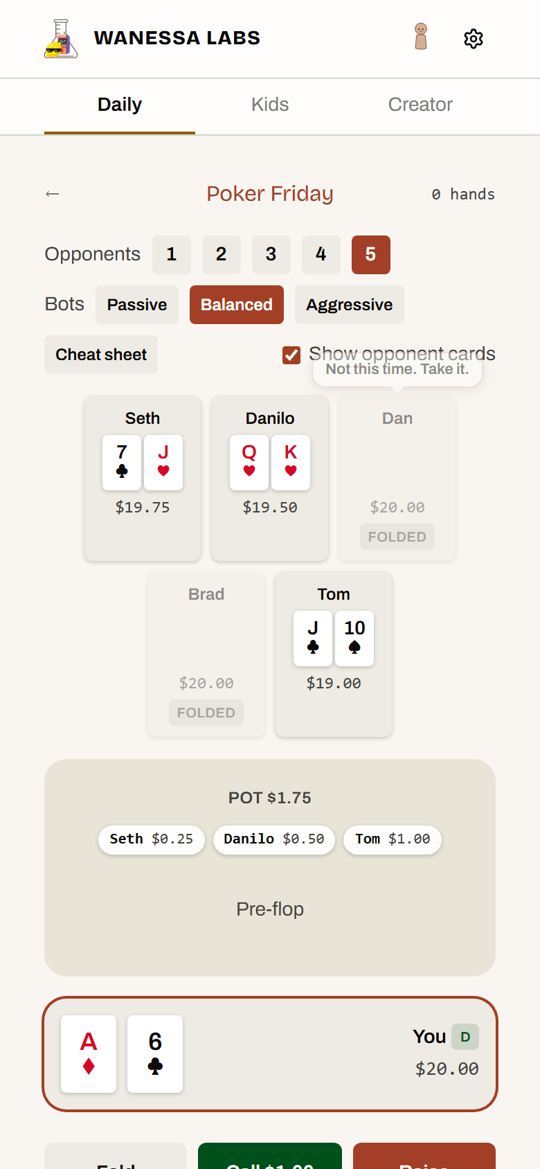 Six opponents, a live pot, and a cheat sheet you can leave open while you play.