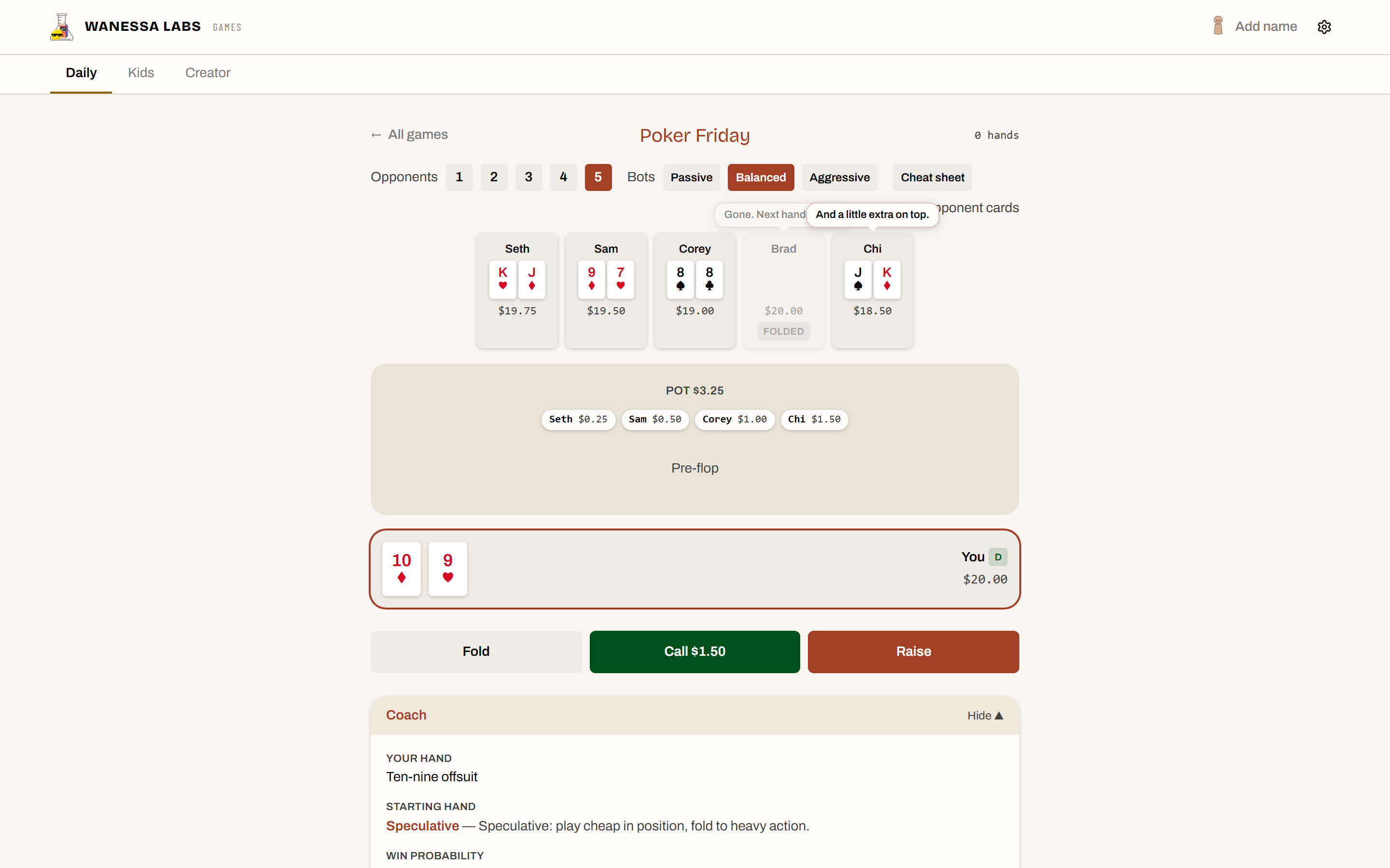 A poker table where the bots' style is a setting and the coach shares their maths.
