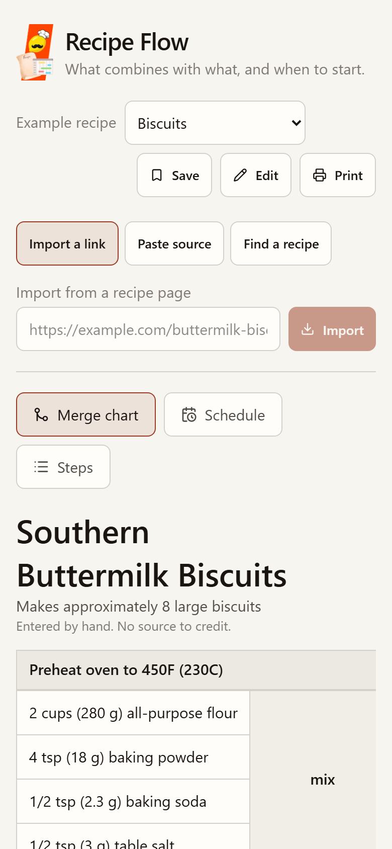 Built for arm’s length on a tablet, with the merge chart under the ingredients.