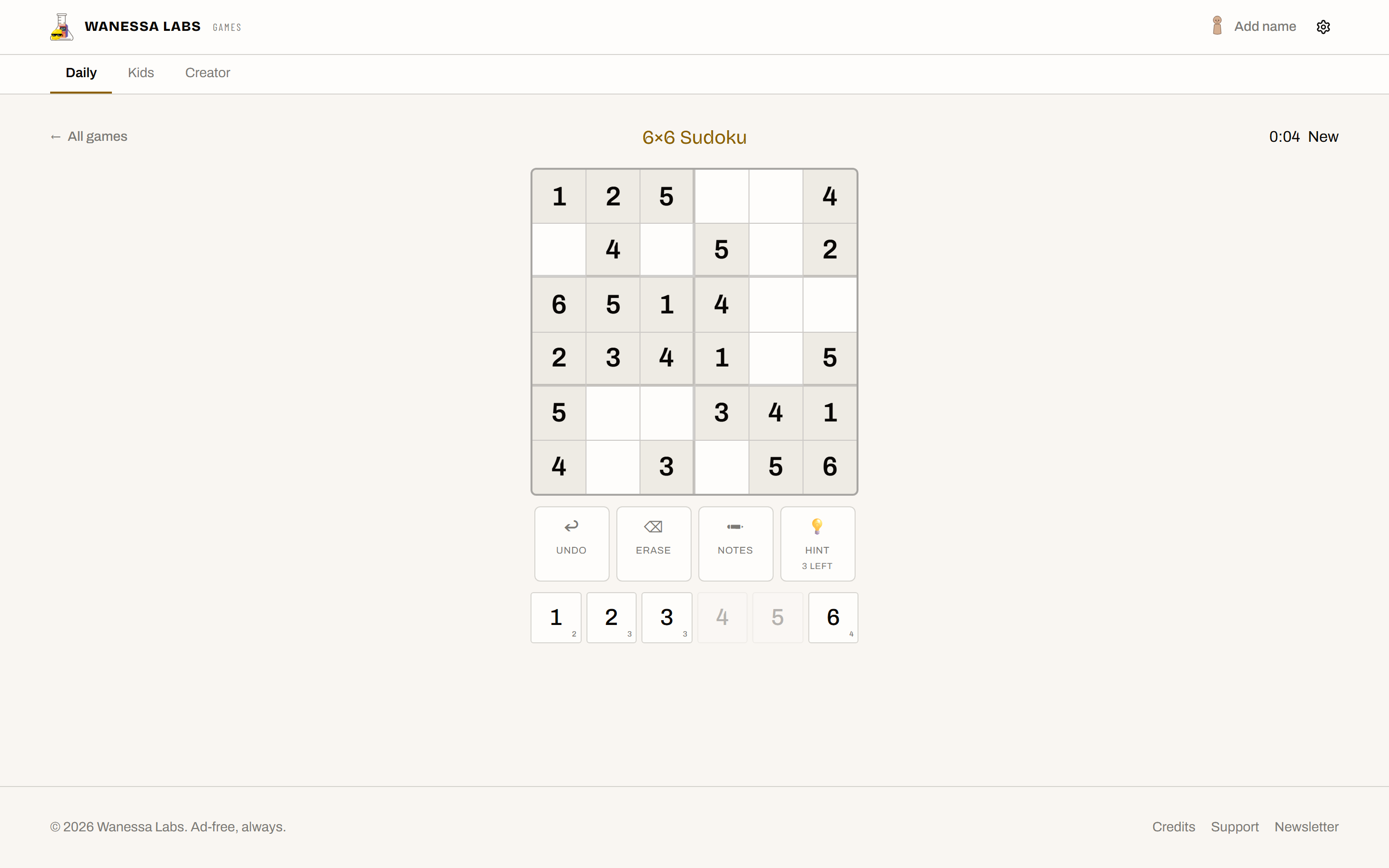 A 6x6 sudoku, sized so a round finishes before the interest does.