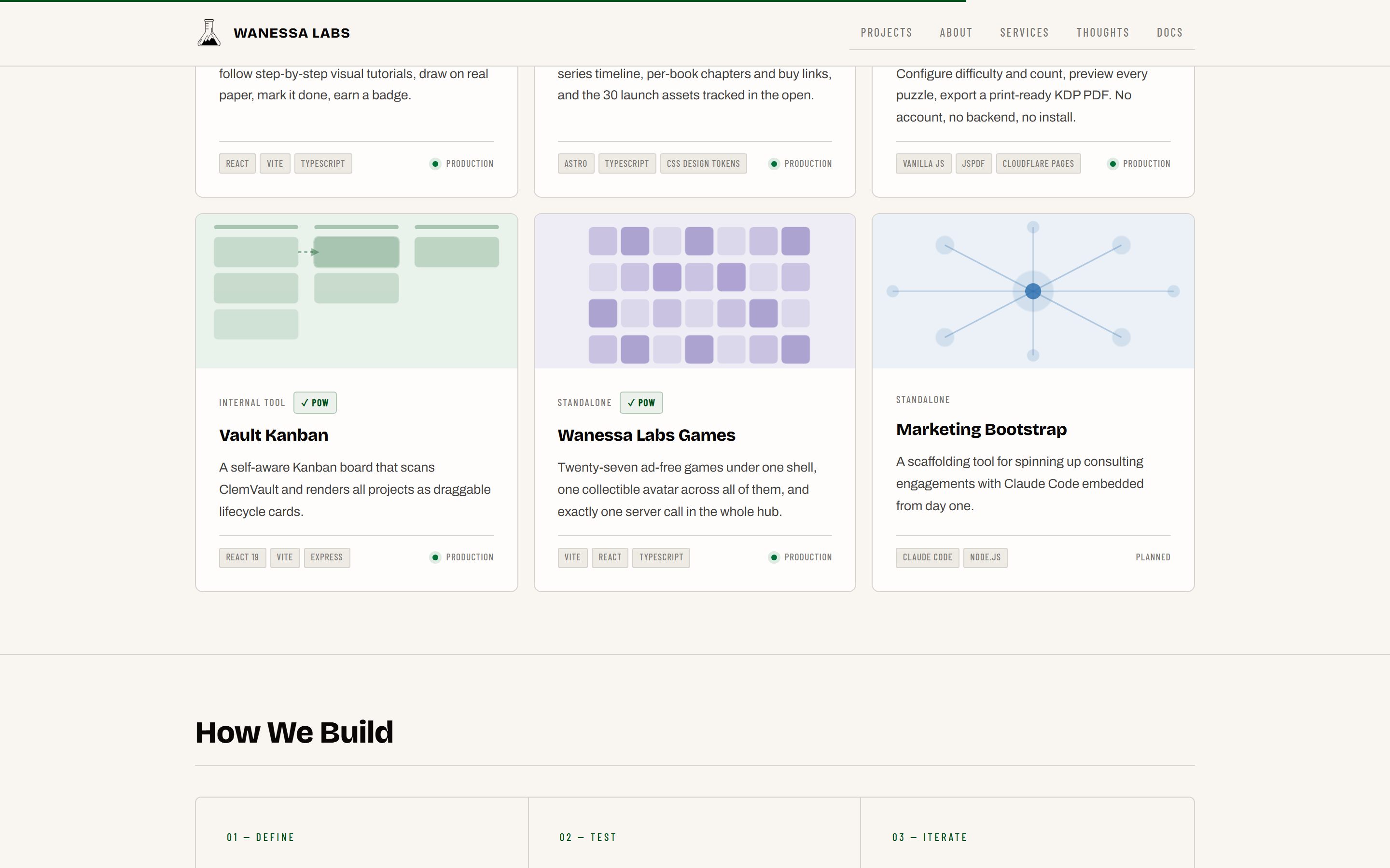 Every project carries a PRD, a decision log and a roadmap, listed rather than asserted.